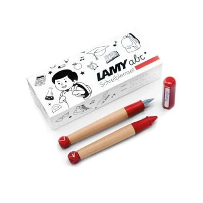Image de Lamy ABC Kit d&#039;apprentissage d&#039;écriture rouge avec emballage cadeau composé de 1 stylo plume fine et crayon à papier, poignée antidérapante, capuchon cube en plastique