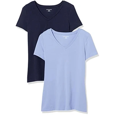 Image de Amazon Essentials T Shirt Col en v à Manches Courtes Coupe Classique Femme, Lot de 2, Violet/Bleu Marine, L