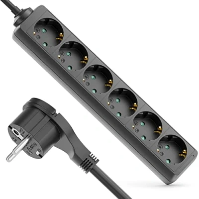 Image de deleyCON Multiprise à 6 Compartiments avec Fiche Plate Barrette d&#039;alimentation pour Usage Intérieur Câble de 5m Contact Plat Boîtier en Plastique Robuste Noir