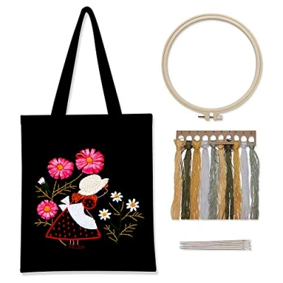 Image de Gigicloud Kit de Broderie sur Toile Noire Avec Motif et Instructions Comprend Un Sac à Broder Fleurs, Des Cerceaux en Bambou, Fils Couleur Outil Beautiful Girl
