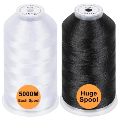 Image de New brothread Lot de 2 (Blanc+Noir) Polyester Fil machine à broder Énorme bobine 5000M pour toutes les machines