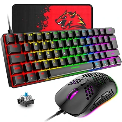 Image de T60 Ensemble Clavier et Souris de Jeu Filaire, Mécanique 60% Mini 62 Touches, 19 Lumières Arc en Ciel, UK Layout + PS4 6400 DPI Tapis pour PC, Mac Switch Blue/Noir