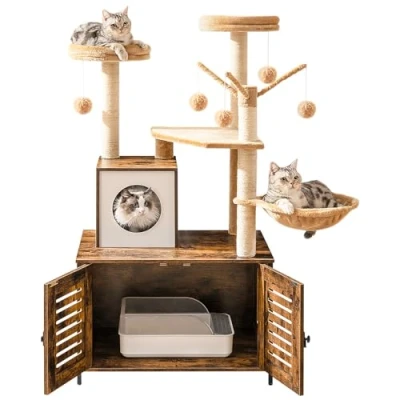 Image de HOOBRO Arbre à Chat avec Maison de Litière pour Chat, en Bois Tour Bâton taquin Pompon Amovible, Piliers Sisal, Marron Rustique EBF14MZ03