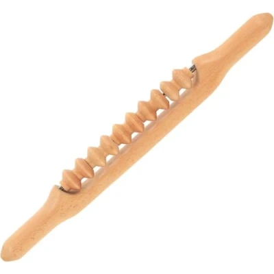 Image de Rouleau de Massage Bois 43cm Double Fonction Masseur avec 10 Rouleaux pour Madérothérapie, Douleurs Musculaires, Soulagement Cellulite, Drainage Lymphatique
