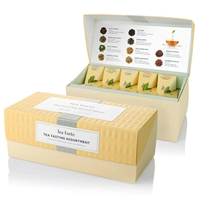 Image de assortiment de dégustation thés Tea Forte Boîte présentation Échantillonneur thés, variés, 20 sachets thé pyramidaux à infuser noir, blanc, vert, tisane
