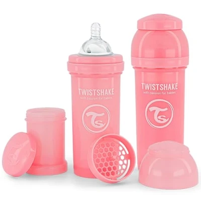 Image de Twistshake 2x Biberons Anti Coliques Avec Récipient Pour Lait En Poudre Et Mélangeur 260ml Tétine Silicone À Débit Moyen Biberon Sans BPA 2+ Mois Rose