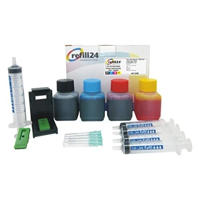 Image de refill24 Kit de Recharge Compatible pour Cartouches d&#039;encre HP 302, 302 XL Noir et Couleur avec Clips Accessoires + 200 ML DeskJet OfficeJet Envy