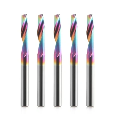 Image de Lot de 5 fraises hélicoïdales CNC avec une rainure pour aluminium, tige 4 mm, fraise hélicoïdale VHM revêtement DLC, diamètre coupe 1/8&quot;, à queue en carbure tungstène massif