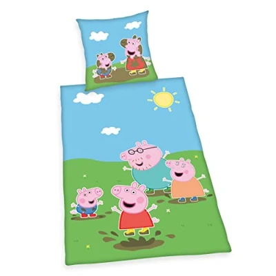 Image de Herding Parure de Lit Peppa Pig, Taie d&#039;oreiller 80 x cm, Housse Couette 135 200 avec Fermeture Éclair Facile, 100% Coton/Renforcé, Multicolor