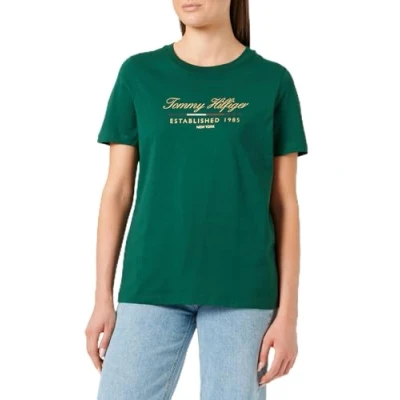 Image de Tommy Hilfiger Women REG Script Graphic C NK SS WW0WW43502 Green (Ornamental Green) S
