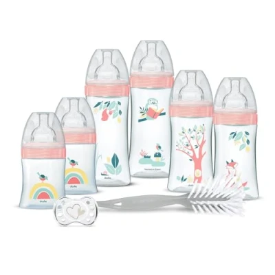 Image de Dodie Kit Naissance 6 Biberons Anti Colique Tétines Plates (2x150 mL, 2x270 2x330 mL), 1 Sucette Anatomique 0 2 Mois, Goupillon Sans BPA Rose