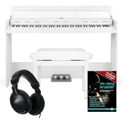 Image de Funkey DP 1088 WM Piano numerique set 88 touches clavier fin 20 sons, unité de pédale incluse Banc et casque inclus Blanc mat