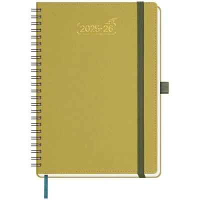 Image de BEZEND Agenda 2025 2026 A5 Spirale 21 x 15,5 cm Semainier 25 26 avec Double Horaire 1 Semaine 2 Pages 18 Mois Du juil. à déc. Couverture Souple en Cuir PU Moutarde