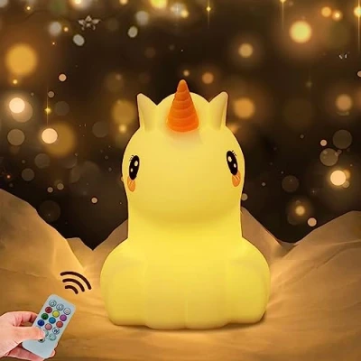 Image de WHA&amp;DARREN grande licorne Veilleuse Enfant, Chambre Lampe,Veilleuse Bebe,Veilleuse Rechargeable, LED Veilleuse, 9 Couleurs Bébé USB silicone Veilleuse,(Minuterie)