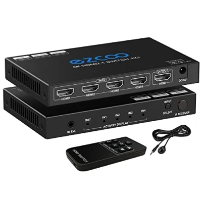 Image de 8K HDMI Switch 4x1 2.1 Switcher 8K@60Hz 4K@120Hz CEC Arc HDCP2.2 48Gbps 4 in 1 Out HDR D olby Vision Atmos IR Remote Support All Resolutions SW41H21