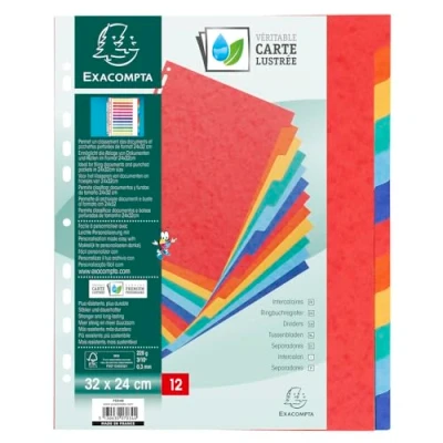 Image de Exacompta Réf. 7034E Carton de 5 intercalaires en véritable carte lustrée souple 225g/m2 FSC® avec 12 onglets neutres Format à classer 320x240 mm couleurs assorties