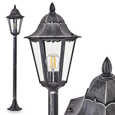 Image de Lampadaire extérieur Lignac, luminaire vintage en aluminium moulé noir/argenté et verres transparents de 118 cm haut, pour une ampoule E27, ampoule(s) non incluse(s), IP44