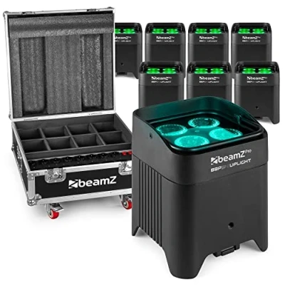 Image de BeamZ BBP54 Lot de 8 Projecteurs PAR Uplight sur Batterie IP65 RGBAW UV WDMX 48 Watts et Flightcase Autonomie 15H, Idéal pour Éclairage Salle, Mariage, Jardin, Architecture