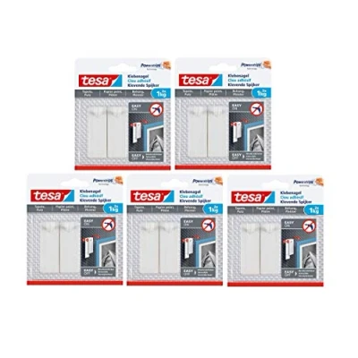 Image de Tesa 77773 Clou adhésif pour papier peint et plâtre/Clous autocollants surfaces sensibles/Facile à appliquer enlever sans résidus / 2 x 1 kg de capacité rétention, kg, pièces (5)