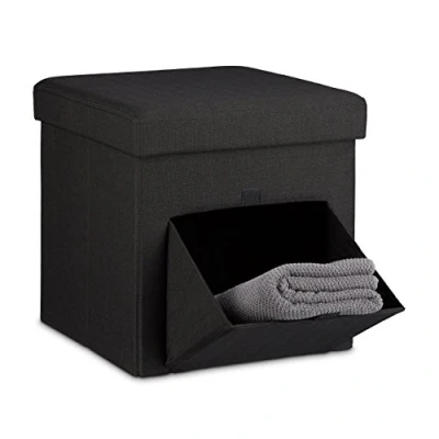 Image de Relaxdays Tabouret de rangement carré pliant en lin couvercle amovible avec tiroir bascule pivotant pouf stockage cube HxlxP: 38 x cm repose pieds, noir