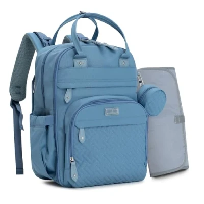 Image de BabbleRoo Sac à Dos Langer avec Matelas pour Bébé Grande Capacité Couches Multifonction Imperméable de Voyage étui sucette détachable, Unisexe (bleu clair)