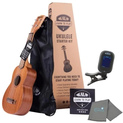 Image de Kala Learn To Play Ukulele Soprano Starter Kit includes Online Lessons, Tote Bag, App &amp; Book Bundle with a Tuner and Lumintrail Polishing Cloth