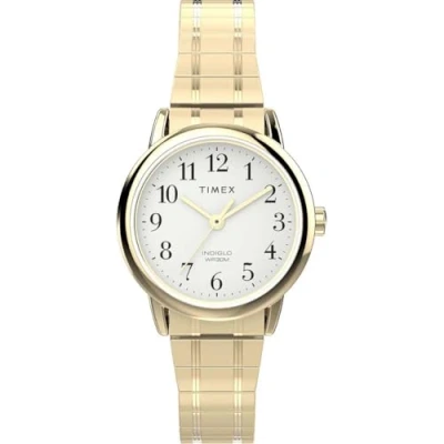 Image de Timex Montre pour femme Easy Rider 25 mm Bracelet extensible en acier inoxydable doré, cadran blanc, boîtier doré TW2W52400