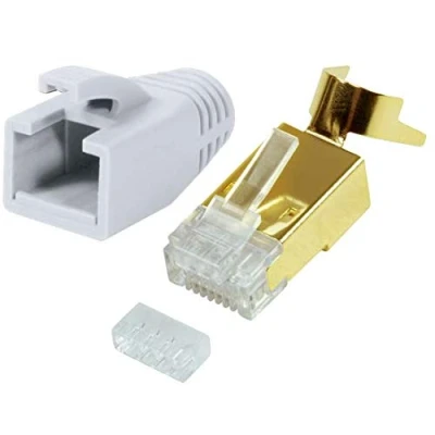 Image de odedo Lot de 10 fiches RJ45 CAT7, CAT6A, CAT8.1 pour câble d&#039;installation, pose Go AWG 22 24 PoE LAN à sertir en métal avec aide l&#039;enfilage et protection anti torsion doré blanc