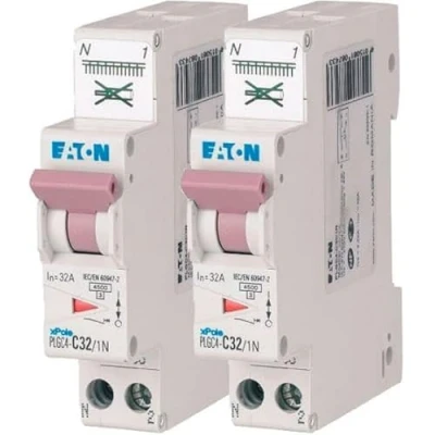 Image de EATON 109131 PLGC4 C32/1N DISJONCTEUR MODULAIRE PH/N Blanc MANETTE VIOLETTE 1P+N / 32 A COURBE C Raccordement direct sans vis 2 disjoncteurs
