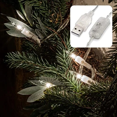 Image de hellum Pisello 150681 Lot de 2 guirlandes lumineuses d&#039;intérieur à 20 LED avec interrupteur Blanc chaud Ampoules rechange connexion USB Câble lumineux transparent 228 cm