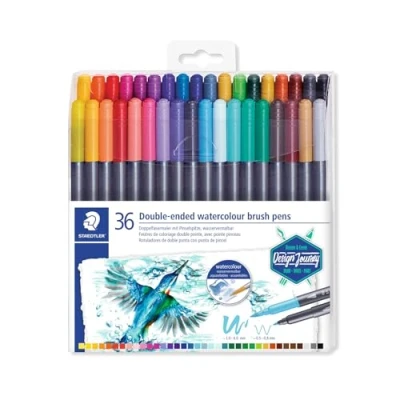 Image de Staedtler Feutres de coloriage aquarellables à double pointe, pointe pinceau 1 6 mm et fine 0.5 0.8 mm, Étui plastique avec 36 couleurs différentes assorties, 3001 TB36