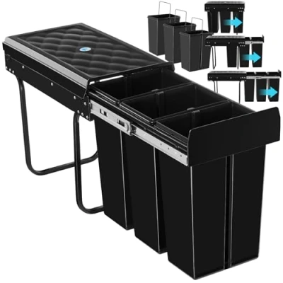 Image de TECTAKE Collecteur de déchets ASHLYN 30L 3 compartiments avec ouverture à rails télescopiques 26 x 48 42 cm
