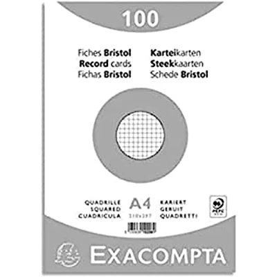 Image de Exacompta Réf. 10206E Paquet de 100 fiches bristol quadrillées 5x5 non perforées sous film compatibles avec imprimante jet d&#039;encre, laser et photocopieur format 210 x 297 mm couleur blanc