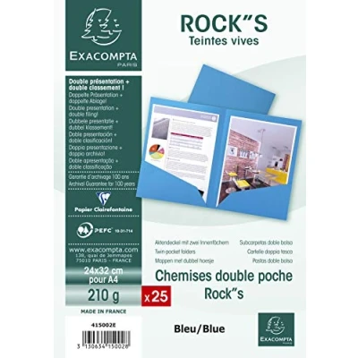 Image de Exacompta Réf. 415002E Paquet de 25 chemises double poche ROCK&#039;&#039;S 210 g/m² couleurs vives certifiées PEFC™ dimensions 24 x 32 cm pour documents format A4 couleur bleu