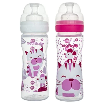 Image de Neobaby Biberon en polypropylène col large avec tétine silicone 250 ml, rose, flux réglable, 2 mois +