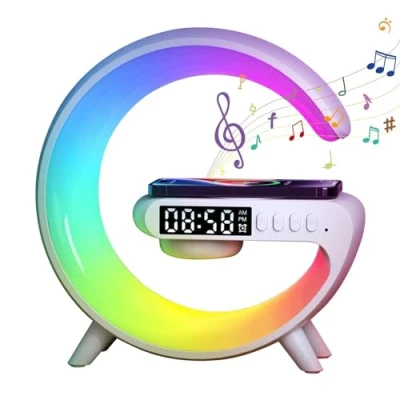 Image de lampe chargeur sans fil, veilleuse LED en forme de G, haut parleur charge téléphone, intensité variable, minuterie, réveil, support chargeur, changement couleur,