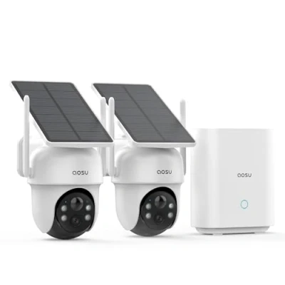 Image de AOSU 2K Camera Surveillance WiFi Exterieure sans Fil, 2 Cam Kit avec Homebase, 360 Panoramique PTZ, Aucun Coût Mensuel, 3MP Caméra à Solaire Batterie, Suivi Automatique, Vision Nocturne Couleur