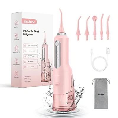 Image de Hydropulseur Jet Dentaire SEJOY Professionnel, Irrigateur Oral Portable et Rechargeable 270ml IPX7 Étanche 5 Modes, Buses, Rose