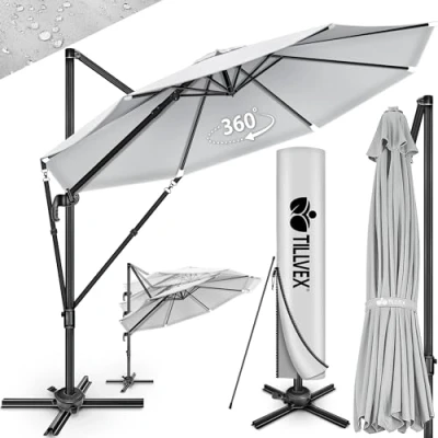 Image de tillvex® Parasol déporté hexagonale 330 cm Premium Avec manivelle housse et protection contre le vent à réglable sur 7 positions de jardin aluminium pivotant 360