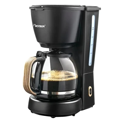 Image de Bestron Cafetière à filtre pour 10 tasses de café avec verseuse en verre 1,5 l, permanent et plaque maintien au chaud, 1000 W, design noir bois ACM900BW