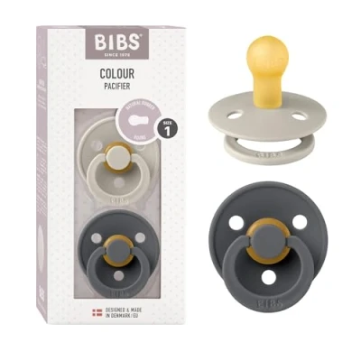 Image de Tétine BIBS Colour. Lot de 2 sucettes. Sans bisphénol A, Téterelle ronde. Latex caoutchouc naturel, Fabriqué au Danemark. Taille 1 (0 6 mois), Sand/Iron