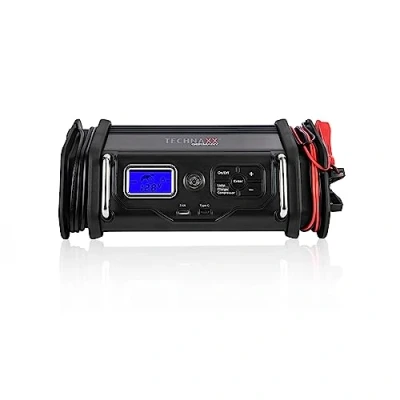 Image de Technaxx Chargeur de batterie 10A avec compresseur d&#039;air TX 193 6 12V pour batteries auto et moto Régulateur pression numérique, coupure automatique, divers adaptateurs
