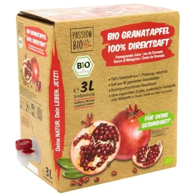 Image de PassionBio 100% jus de grenade bio direct 3 litres du sac dans la boîte 30 jours conservation végétalien, sans sucre ajouté, édulcorants (lt. loi)