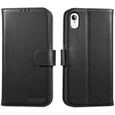 Image de LENSUN Coque pour iPhone XR, Étui Cuir Véritable [RFID Blocage] Portefeuille Housse avec Rangements Cartes et Fermoir Magnétique Compatible XR Noir