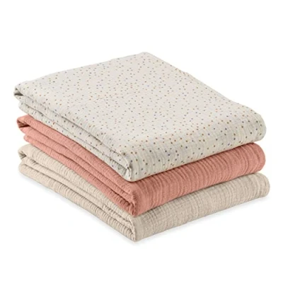 Image de hauck (Lot de 3) Lange Bebe 4en1 Cuddle N Clean, en 100% Coton Mousseline, 80x80 cm, Lavable, Doux et Multi Usage Beige Dots Cork