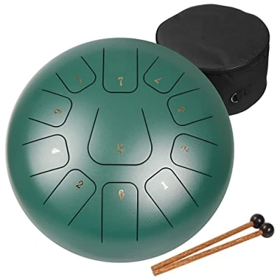 Image de Amkoskr 10 Pouces 25cm Tambour de Langue en Acier à Clé C 11 Tons Main Instrument Percussion avec Maillets Tambour/Sac Transport (Vert)
