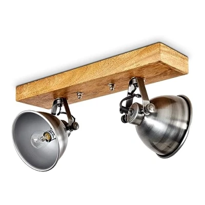 Image de Plafonnier Svanfolk en bois et métal zinké, 2 spots de plafond pivotants style rétro industriel, idéals dans un salon vintage, pour ampoules E14, ampoule(s) non incluse(s)