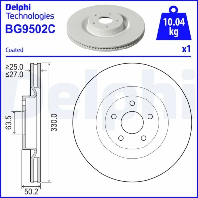 Image de DELPHI Disque de frein FORD: Focus Mk4 3/5 portes, Turnier, Kuga Mk3 330mm 27mm 5 ventilé revêtu BG9502C 2286731,2352444,LX611125CEA