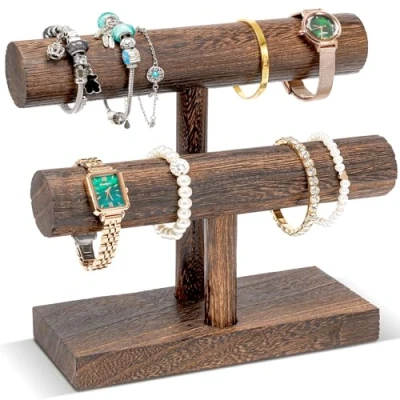 Image de Procase Présentoir Bracelet en Bois, Porte Bracelet, Support Détachable à 2 Niveaux, Bijoux pour Montre Élastique Cheveux Brun