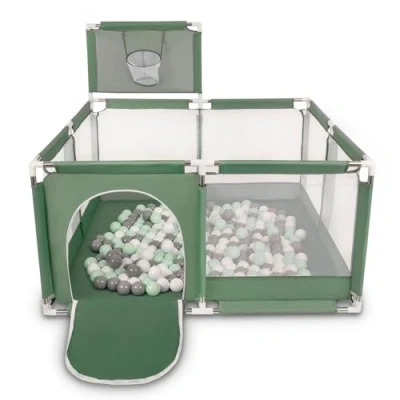 Image de Selonis Parc Bébé avec 200 Balles Plastiques Aire De Jeu Pliable Basket, Vert : Blanc/Gris/Menthe